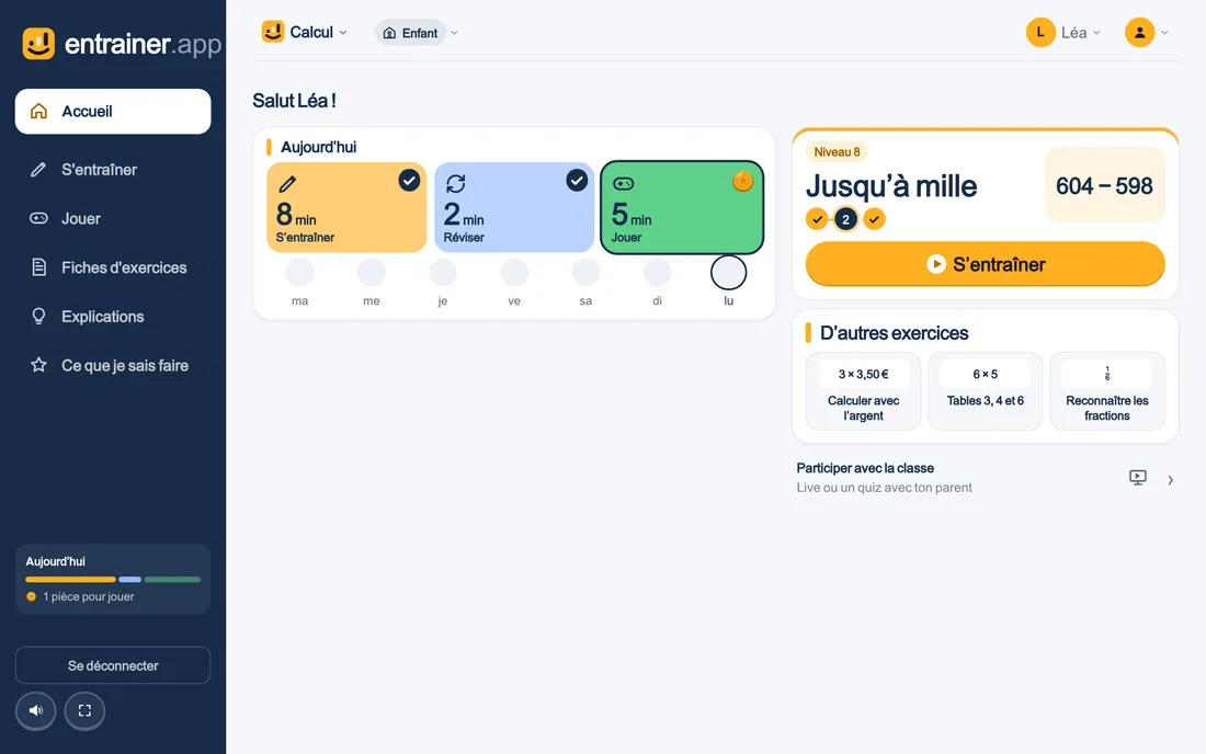 La page Démarrer d’un enfant sur un ordinateur portable : la matière, le niveau et le bouton S’entraîner.