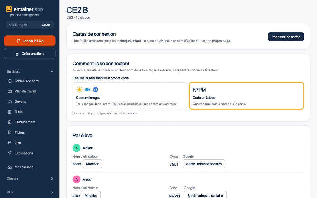 L’écran Connexion d’une classe : imprimer les cartes, code en images ou en lettres, et par élève son nom et son code.